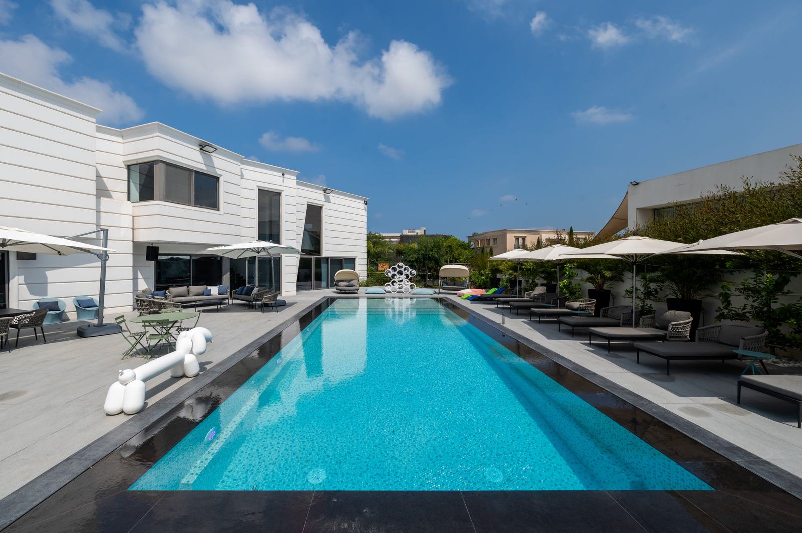 Long pool beside a modern white house
